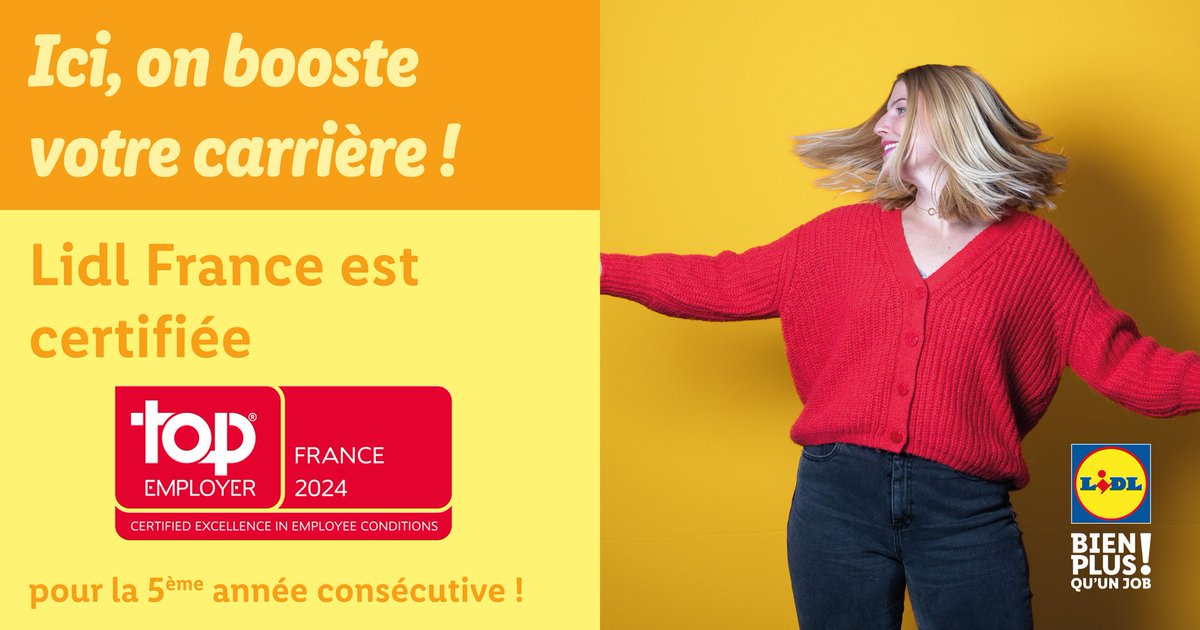 Lidl France est certifiée #TopEmployers2024 France & Europe pour la 5ème année consécutive ! 🏆
 
C’est une fierté d’être à nouveau reconnus pour l’excellence de nos pratiques #RH. C'est la récompense un effort collectif, merci à la #TeamLIDL, nos 46 000 collaborateurs ! 🙌