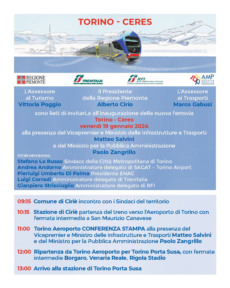 Domani #19gennaio il viaggio inaugurale della nuova ferrovia TORINO-AEROPORTO-CERES