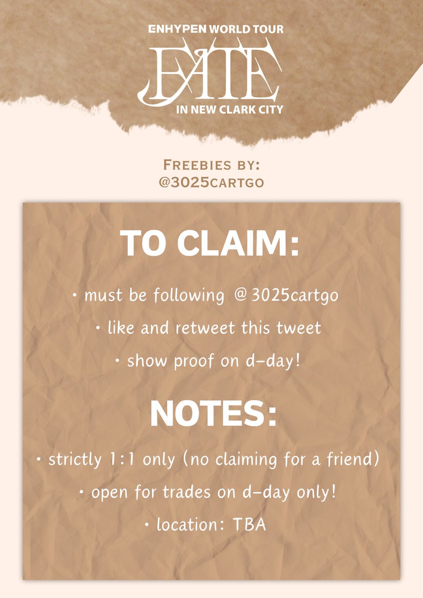 3025cartgo's tweet photo. It’s you and me in this world, Engenes!

we'll be giving away freebies on Feb. 3 for Enhypen’s "Fate" Tour in NCC! 

— to claim:
• follow @3025cartgo
• like &amp; rt this tweet
• check photo for more details

see you, ENGENES ! 🧡

#FATE_IN_NEWCLARKCITY https://t.co/lutZQdPBut