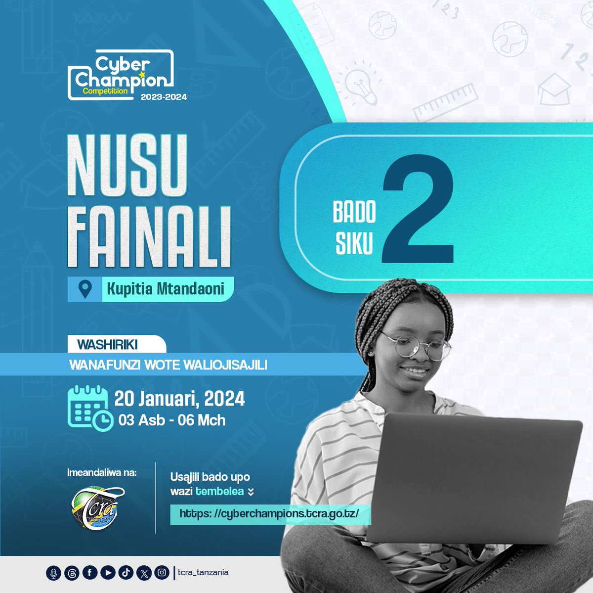 Hakingowi's tweet photo. Nusu fainali ya shindano la Cyber Champion 2023/24 itafanyika Jumamosi, Januari 20, 2024 kupitia mtandao kwa wanafunzi wote waliojisajili. BADO SIKU 2 TUU!

Usajili bado unaendelea; tembelea https://t.co/phfUhptca0

#cybersecurity #cyberchampions #informationsecurity #tzcert #tcratz 

📄:TCRA