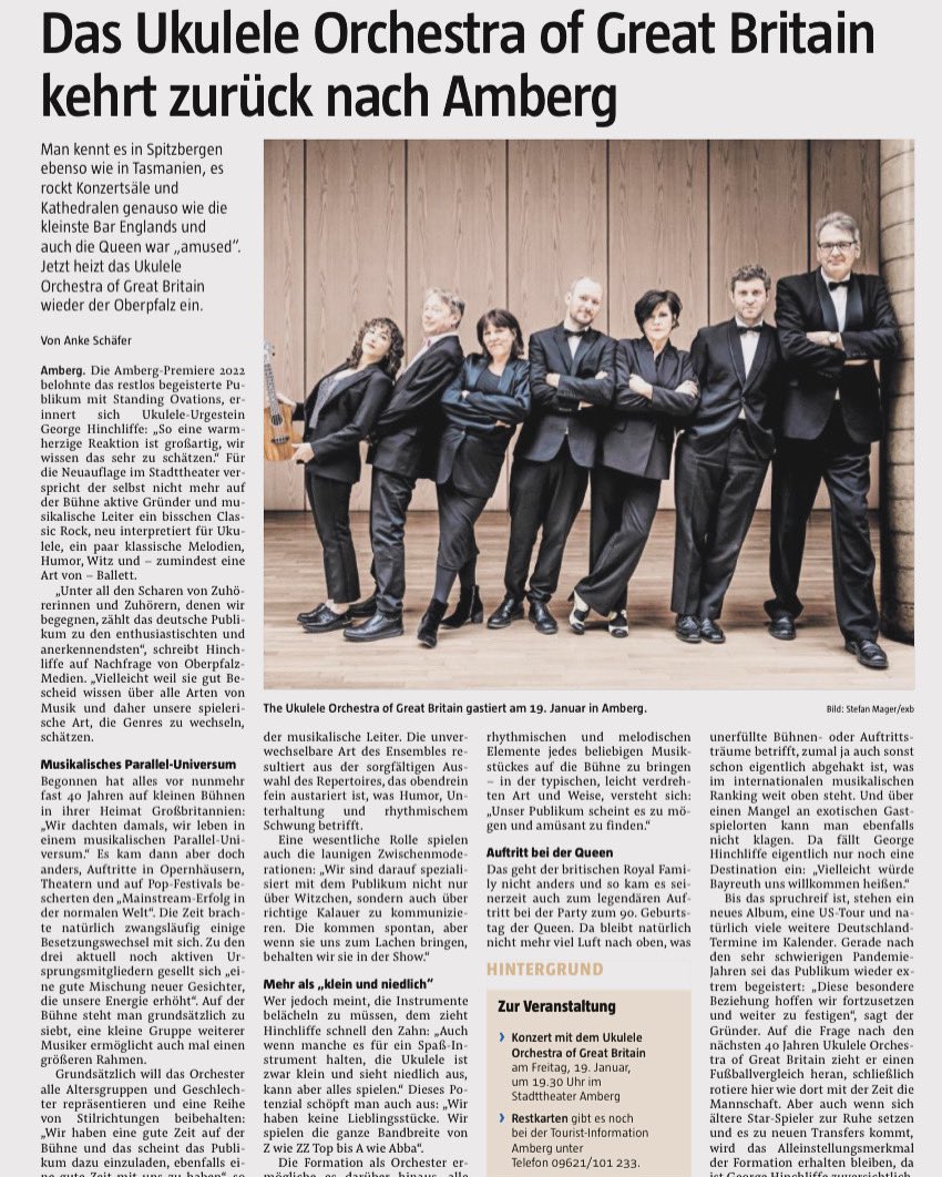 A lovely little article, including an interview with George Hinchliffe, in the Amberger Zeitung today. 🤗 We kick off the new year today in Singen, then on to Amberg, Schweinfurt, Lünen and Munich!