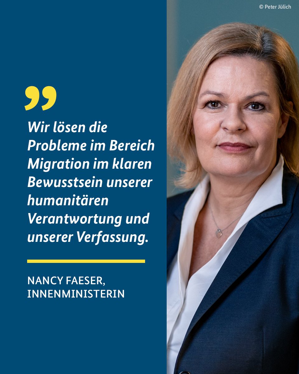 "Restriktive Maßnahmen sind notwendig, um weiter unserer humanitären Verantwortung für Menschen gerecht werden zu können, die vor Krieg und Terror flüchten."
<a href="/NancyFaeser/">Nancy Faeser</a> zum Gesetz für mehr und schnellere Rückführungen, das heute im #Bundestag in 2. &amp; 3. Lesung debattiert wird.
