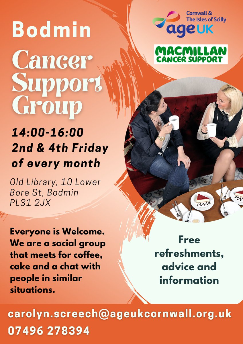A new group for #bodmin - on the 2nd and 4th Friday of every month. If you, a family member, or loved one has been affected by Cancer, please drop-in or contact Carolyn to find out more.

#CancerAwareness #cancersupport #cornwallsupport #youmatter