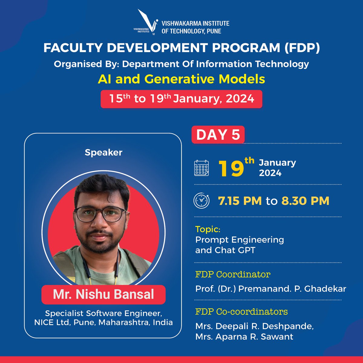 Day 5 of our Faculty Development Program (FDP) on AI and Generative Models
#ai #fdp #development #engineeringinstitute #engineeringcollege #engineeringcollege #vitstudents #vitpune