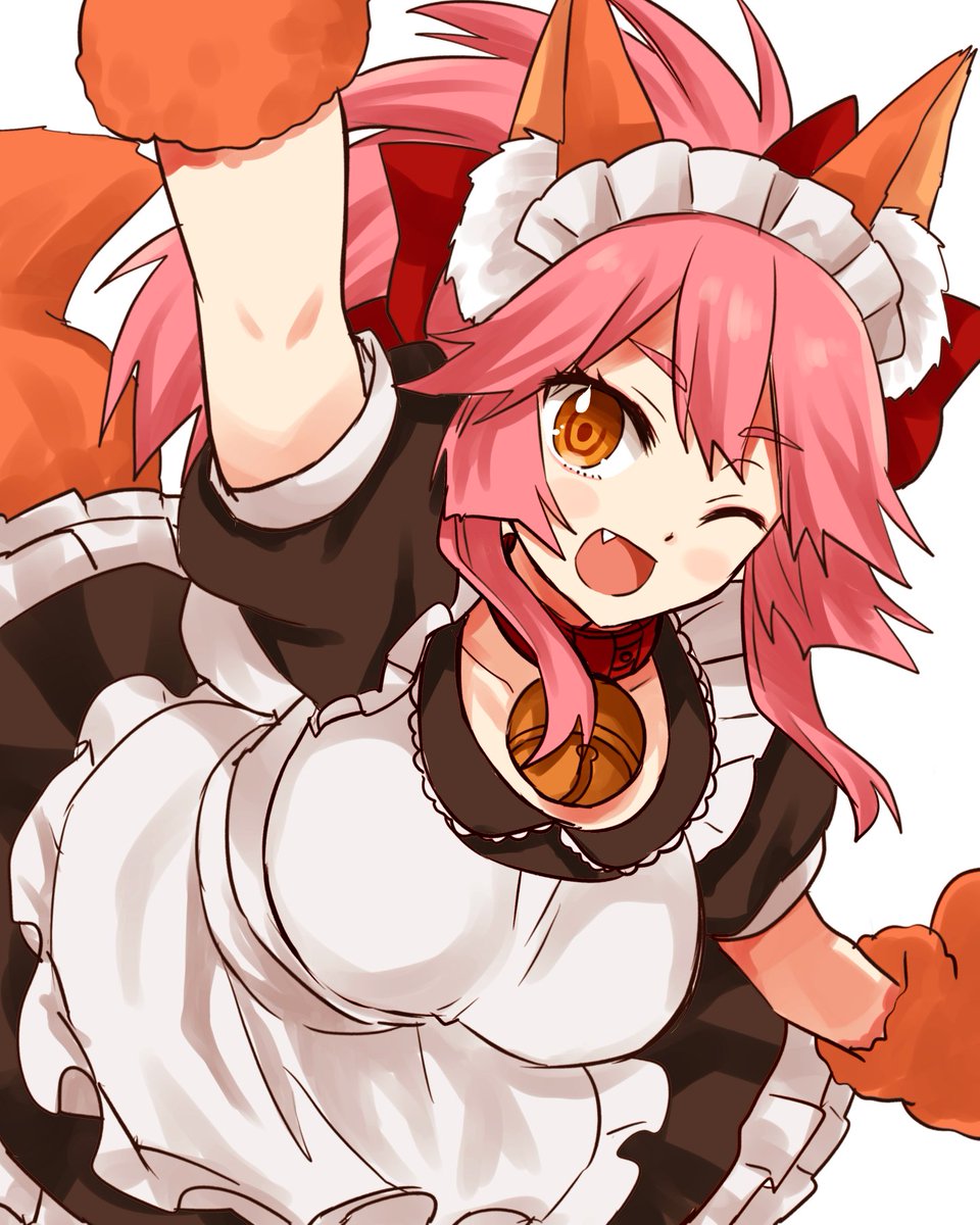tamamo (fate) ,tamamo cat (fate) 1girl pink hair animal ears solo fox ears animal hands bell  illustration images
