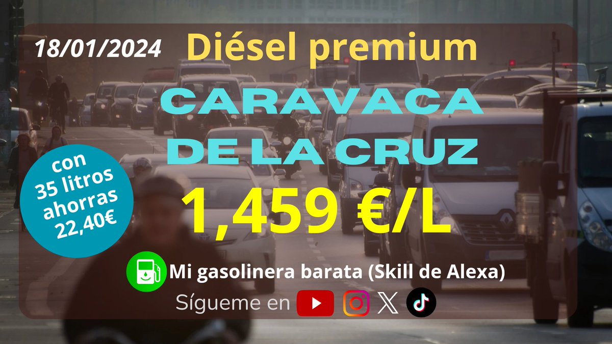 Hoy, en Caravaca de la Cruz, la gasolinera +barata de diésel premium es E.S. Venta Cavila.
Con 35 litros ahorras 22,40 € con respecto al precio más alto de este municipio 💰🔝⛽