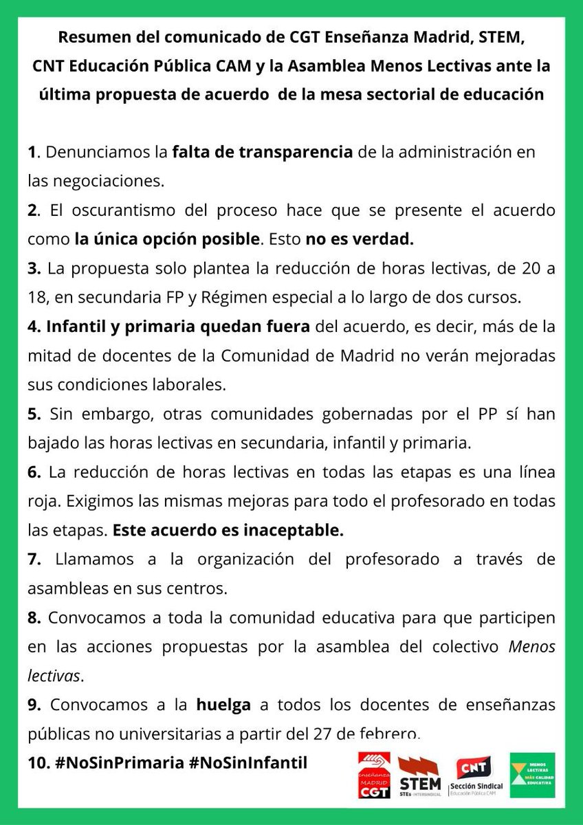 Menoslectivas's tweet photo. Os dejamos por aquí un resumen de nuestro posicionamiento conjunto ante la propuesta de la ultima mesa sectorial de educación: el acuerdo es inaceptable. #NoSinInfantil #NoSinPrimaria 👇🏽👇🏽 https://t.co/sejTjMEaI6