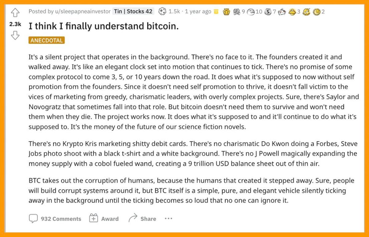 burak_tamac's tweet photo. Bitcoin'i bilmeden, altkoinleri anlayamazsınız.

Peki en basit haliyle bitcoin nedir?

Reddit’teki bu yazı bitcoin’i en basit haliyle anlatıyor.

---
Bu, arka planda çalışan sessiz bir proje.

Onun bir yüzü yok. Kurucuları onu oluşturdu ve ayrıldı. Devam eden zarif bir saat gibi. 3, 5, ya da 10 yıl sonraki bazı karmaşık protokolleri vaat etmiyor. Yapması gerekeni kurucularının kendini pazarlamadan yapıyor. Kendini tanıtmaya ihtiyaç duymadığı için, hırslı, karizmatik liderlerin, aşırı karmaşık projelerin pazarlama hatalarına kurban gitmiyor.

Elbette, bazen Saylor ve Novogratz bu role bürünebilir.

Ama bitcoin onların hayatta olmasına ihtiyaç duymuyor ve onlar öldüğünde de ihtiyaç duymayacak. Proje şimdilik çalışıyor. Yapması gerekeni yapıyor ve yapmaya devam edecek.

Bu, bilim kurgu romanlarımızın geleceğinin parası.

Kripto Burak’ın 😊 (Kris yerine Burak yazdım kendime göndermede bulunarak, başka birisi üstüne alınmasın) berbat banka kartlarını pazarlaması yok. Karizmatik Do Kwon'un siyah bir tişört ve beyaz bir arka planla Forbes, Steve Jobs fotoğraf çekimi yapması yok. J Powell'ın cobol güdümlü bir asa ile para arzını sihirli bir şekilde genişletip 9 trilyon dolarlık bir bilanço oluşturması yok.

BTC, onu yaratan insanların ayrılması nedeniyle insanların yozlaşmasını ortadan kaldırır. 

Elbette, insanlar onun etrafında yozlaşmış sistemler oluşturacaklar, ama BTC kendisi arka planda sessizce tik tak işleyen, basit, saf ve zarif bir araçtır.

Bir gün tıkırtı o kadar yüksek olur ki kimse onu görmezden gelemez.

---
YANİ:

1- Başında CEO'su YOK, pazarlama müdürü YOK
2- Saat gibi tik tak çalışıyor
3- Saylor vb. kişilere bağımlı DEĞİL
4- Powell'in yaptığı gibi brrrr para basımı YOK
5- Şeffaf ve tik tak sesini yakında herkes duyacak!

Okuduğunuz için teşekkürler 🙏
