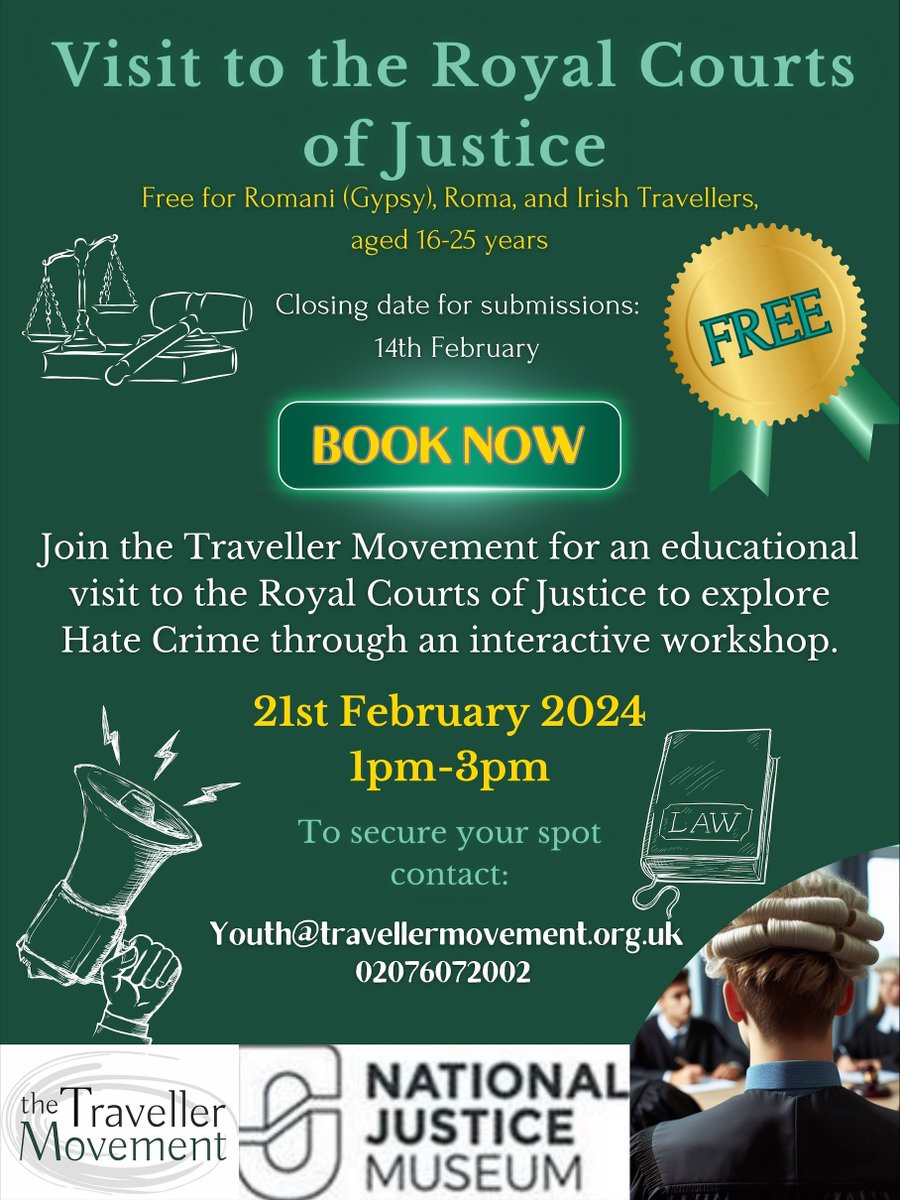 🌟 Exciting Opportunity! 🏛️ Join the Traveller Movement for an educational visit to the Royal Courts of Justice on Feb 21, 1-3 pm. Explore Hate Crime through an interactive workshop. Open to 16-25-year-olds. Contact youth@travellermovement.org.uk to sign up. 📚