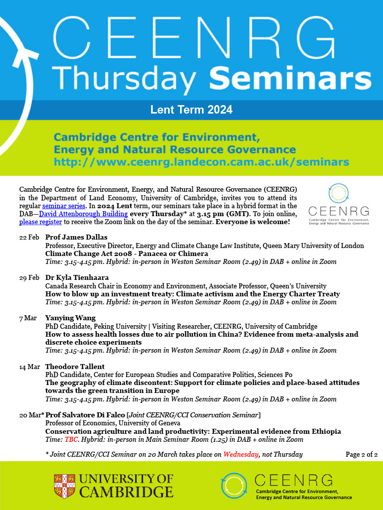 We are excited to announce our 2024 Lent Term CEENRG Seminar Series. Our hybrid seminars are informal research talks on ongoing issues in economics, law and governance of climate change, environment and energy. Details:  ceenrg.landecon.cam.ac.uk/seminars. Register: forms.office.com/e/QdDWyFS3F0