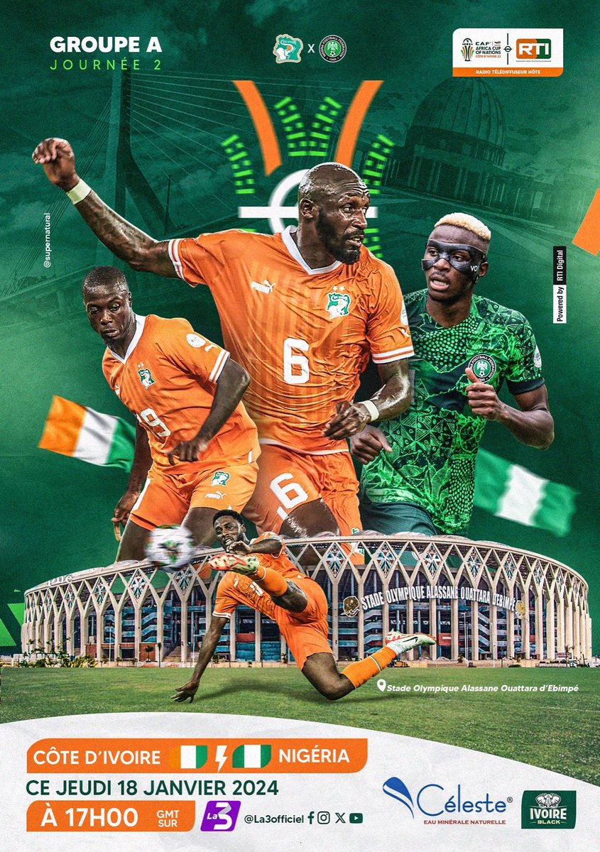 🛑🛑🛑[A voir] 2e Journée Groupe A : Côte d'Ivoire🇨🇮 Vs Nigeria🇳🇬 ce jeudi 18 janvier 2024 à 17h00 GMT sur les chaînes RTI1, La3, RTI2, Fréquence 2, Radio Côte d'Ivoire #RTIinfo #AFCON2023 #CAN2023