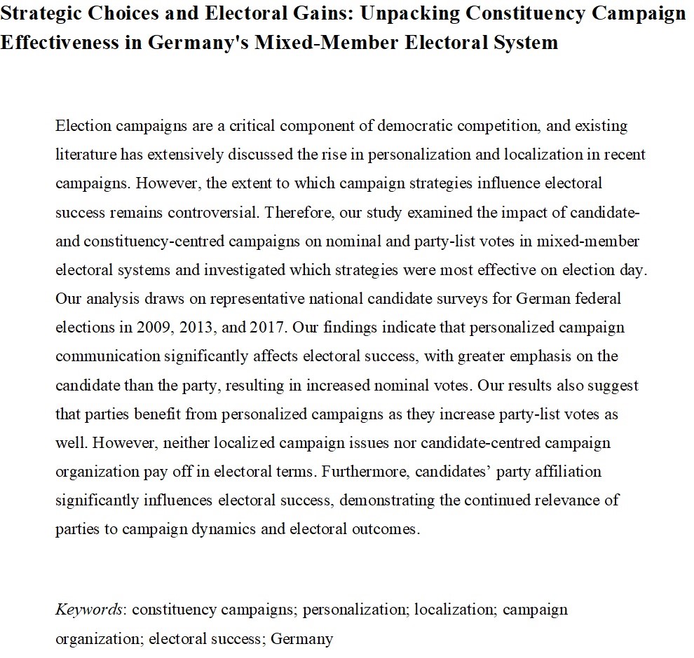 Great news 📣Our paper by @sebastianbukow and me has been accepted for publication in @journalEPOP. We analyzed data from 3 elections in Germany to identify the relative impact of localization, personalization, and campaign organization. Stay tuned for more insights!