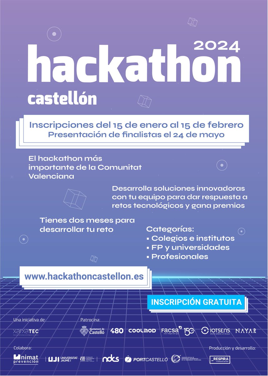 Hackathon Castellón 2024 aterriza un año más con un formato renovado🤸🏼‍♀️

👉 La temática de este año es "Transformación digital para el impacto positivo en la sociedad en general".

📲 Entra en su web e inscríbete hasta el 15 de febrero. ✍️lnkd.in/evf2Kg2Y