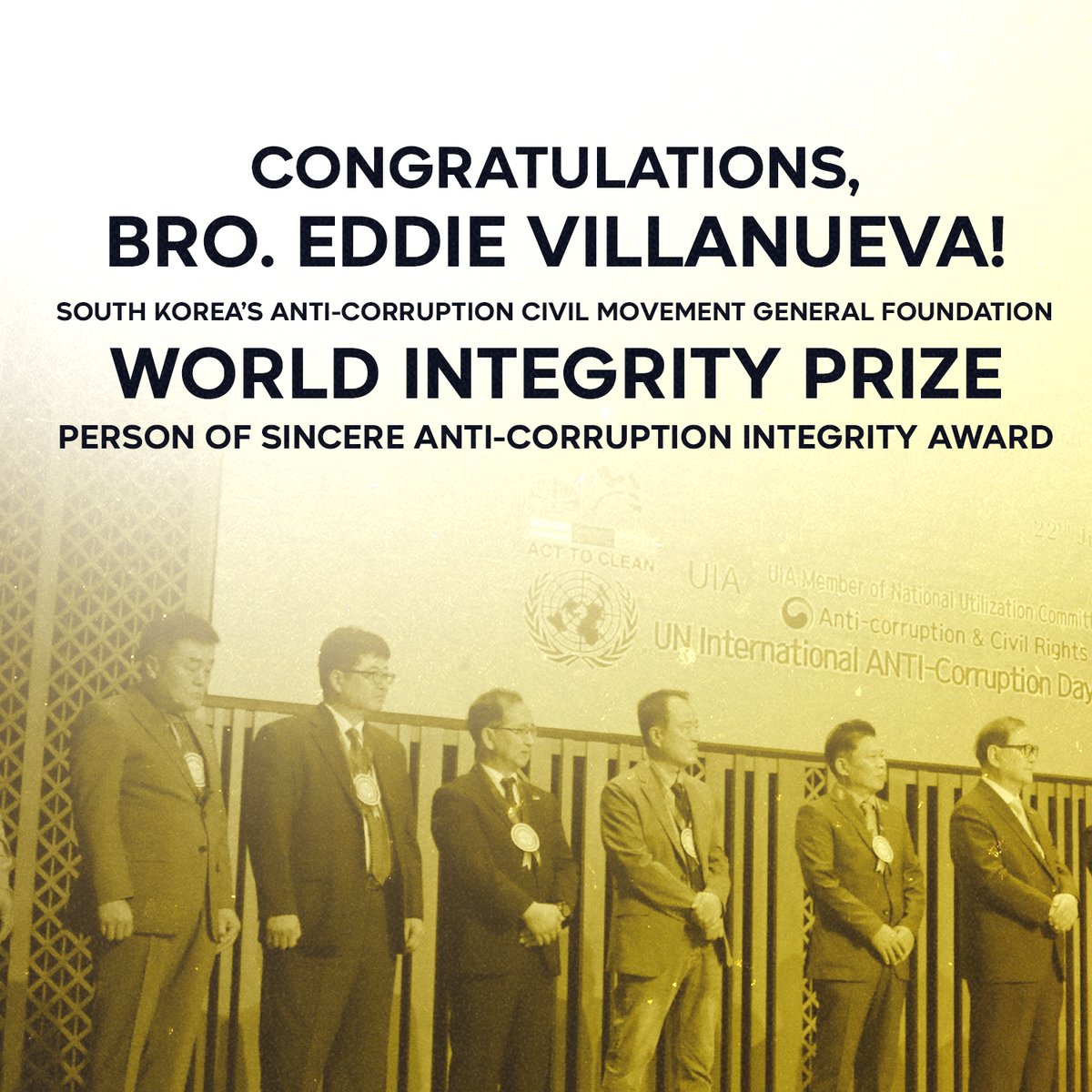 JILWorldwide's tweet photo. We congratulate our beloved President and Spiritual Director Bro. Eddie Villanueva for being recognized by South Korean anti-corruption organizations for his outstanding track record in fighting corruption and in promoting good governance and moral uprightness among public officials. To God be the glory!