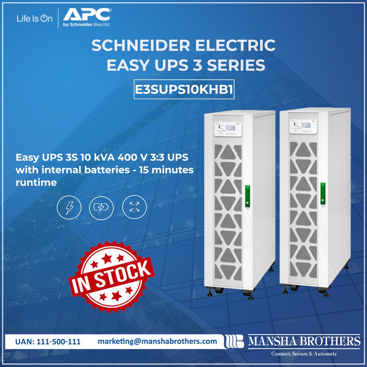 Mansha Brothers (@manshabrothers) on Twitter photo Introducing the APC E3SUPS10KHB1, an Easy UPS 3S powerhouse designed to deliver uncompromised performance.
For more details, contact us at:
Phone: 111-500-111 (UAN)
Email: marketing@manshabrothers.com Introducing the APC E3SUPS10KHB1, an Easy UPS 3S powerhouse designed to deliver uncompromised performance.
For more details, contact us at:
Phone: 111-500-111 (UAN)
Email: marketing@manshabrothers.com