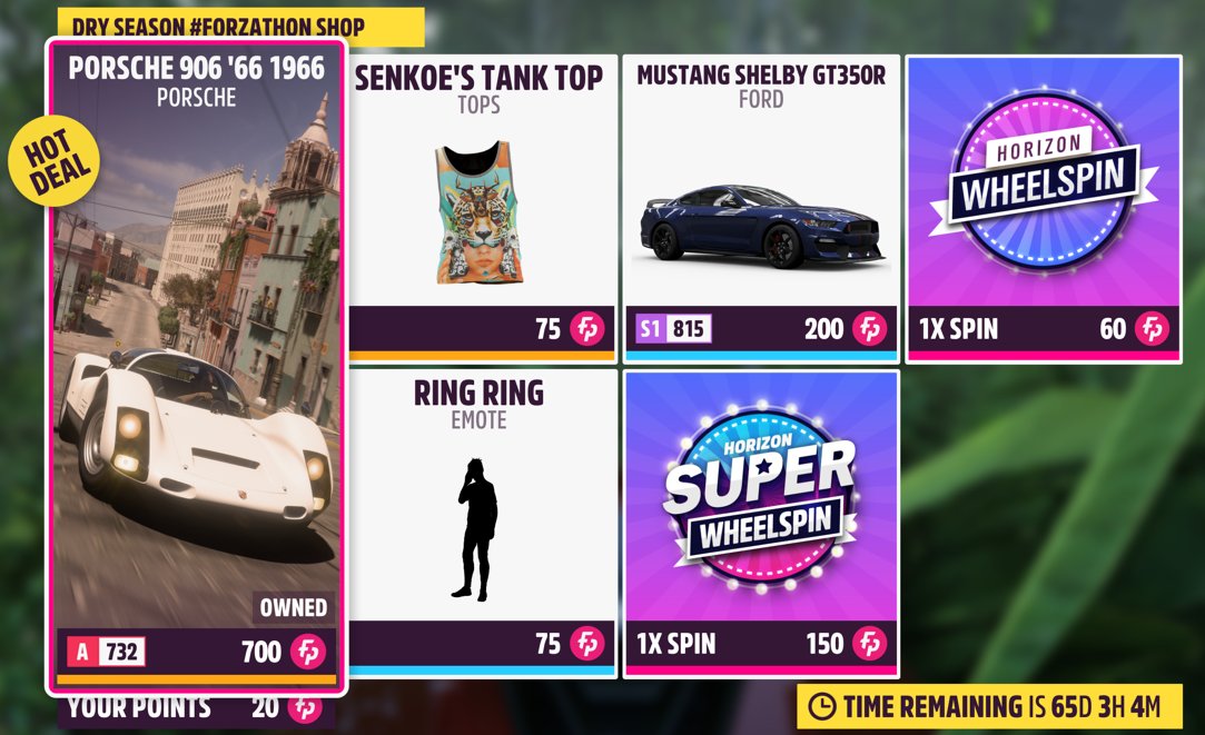 ForzaHorizon5UK's tweet photo. #ForzathonShop

Series 29 - Dry Season

'66 Porsche 906 Carrera S - 700fp
Ford Mustang Shelby GT350R - 200fp
Senkoe's Tank Top (Tops)
Ring Ring (Emote)

#H5FB #Forza #Horizon #FH5 #DrySeason #Series29 #CommunityChoice https://t.co/yWpvUXnfWI