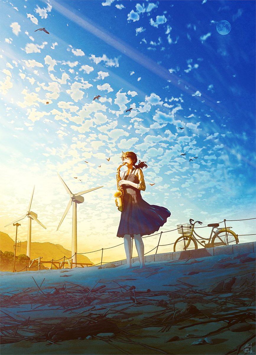 1girl solo sky outdoors bicycle bird cloud  illustration images