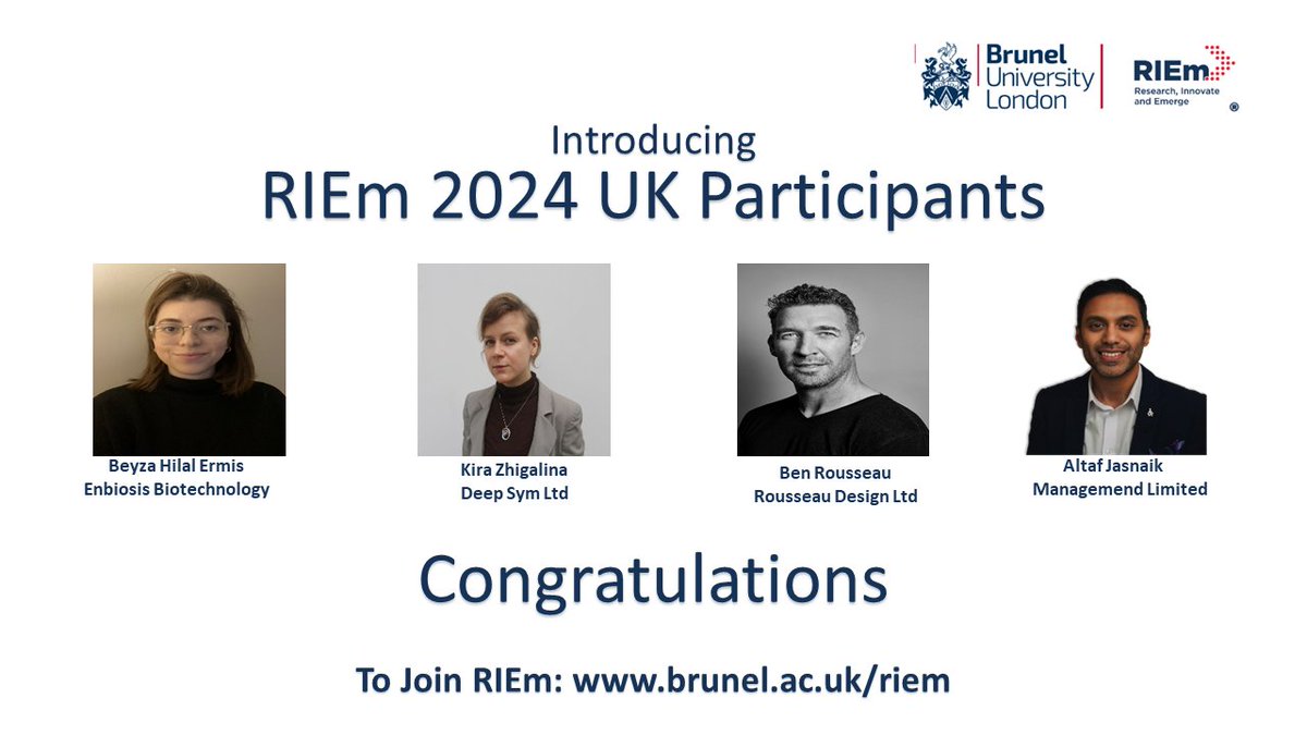 Revealing the next confirmed applicants of the #RIEm 2024: Beyza Hilal Ermis - Enbiosis Biotechnology, Kira Zhigalina - Deep Sym Ltd, Ben Rousseau - Rousseau Design Ltd, Altaf Jasnaik - Managemend Limited, RIEm is excited to work with these promising #innovators.
#RIEm2024