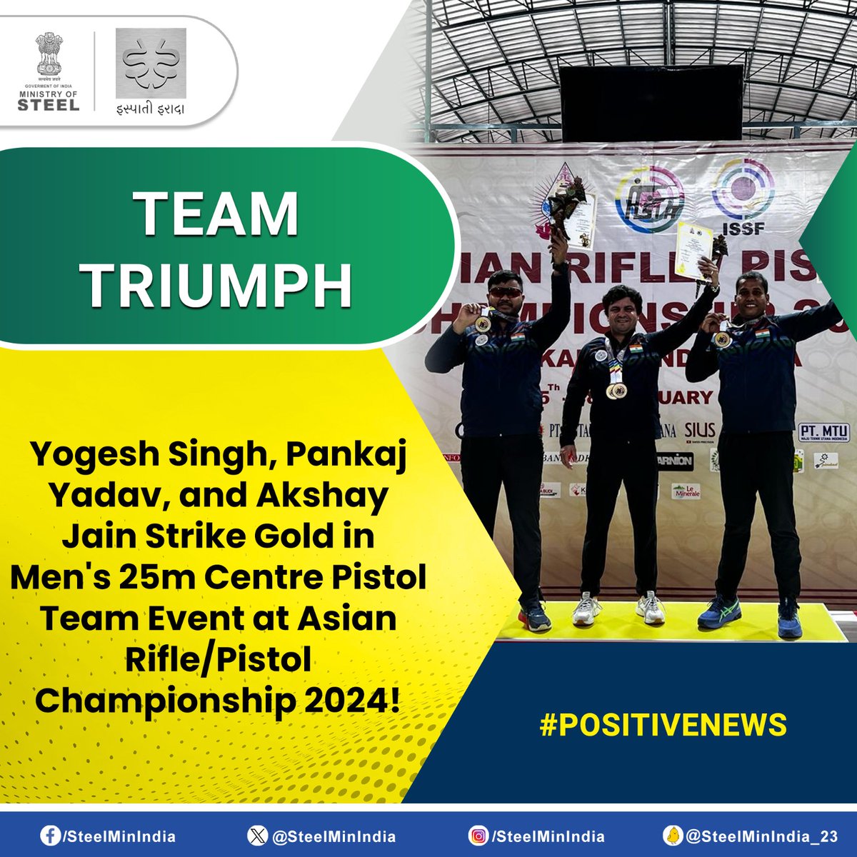 SteelMinIndia's tweet image. A stellar performance by the Indian trio!🇮🇳
#YogeshSingh, #PankajYadav &amp;amp; #AkshayJain showcase exceptional skill and teamwork, clinching #Gold🥇in the Men's 25m Center Fire Pistol Team Event at the Asian Rifle/Pistol Championship 2024 in Jakarta.

#PositiveNews