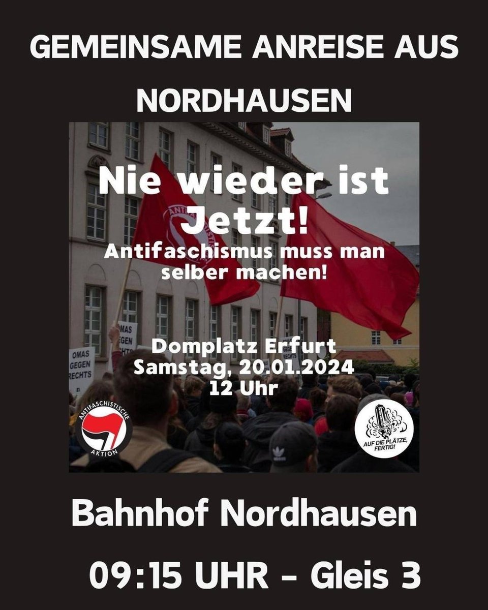 Gemeinsame Anreise aus #Nordhausen nach #Erfurt! Kommt zahlreich!
Auch wenn es nicht bei Demons bleiben kann! Engagiert Euch in antifaschistischen Gruppen, werdet aktiv, denn #niewiederistjetzt !

#fckafd #fck3weg #fckcdu #fckwerteunion #Thüringen