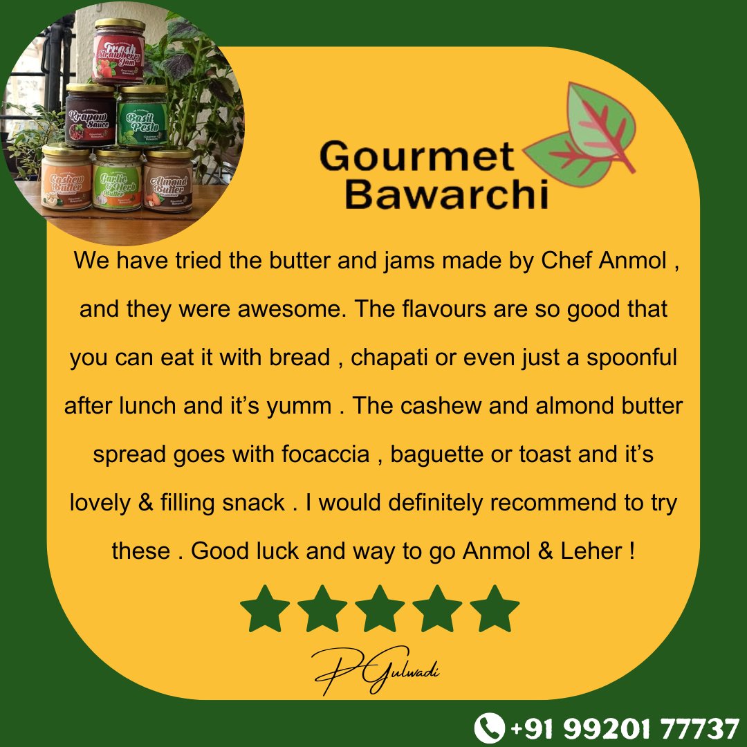 Thank you so much for taking the time to leave a review! Your feedback is greatly appreciated
.
 . 
#GourmetBawarchi #SaucingItUp #TasteTheMagic #Jams #Butter #GourmetSauces #SavorTheFlavor #DressItUp #Gourmetbawarchi #clientreview #googlereview #ProductReview #Almondbutter