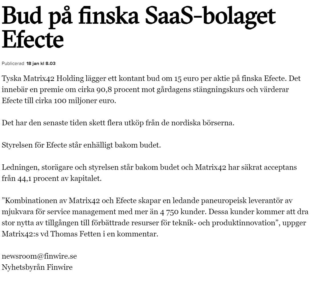 AktiePionjaren's tweet photo. Intresset för SaaS bolagen har aldrig varit högre, fyra bud sedan december med kraftiga premien på fyra olika SaaS bolag.

Med partneravtalet som SaaS bolaget #SpectrumOne nyligen tecknat med @Tietoevry är jag övertygat om att framtiden ser oerhört ljust ut för Spectrum! 

Är nog rätt övertygat om att de fyra största ägarna (Örjan, Hosni, Observit & Jag!) kommer neka alla bud som kommer in under 1,50 SEK/aktie! ;) Här kommer det inte ske någon hostile takeover! 

Med grundaren av CloudExplorers och PRISM, Stephen Karl Ranson, som ny VD för bolaget, lagom inför den fullskaliga kommersialiseringen vi befinner oss inom, är jag helt övertygat om att vi har en succe framför oss, där 2024 blir det året vi kommer vända till kraftigt vinst med fler partneravtal på ingång utöver TietoEvry. 

Vi befinner oss antagligen mitt i bolagets mest spännande år! 

#finanstwitter #pratapengar