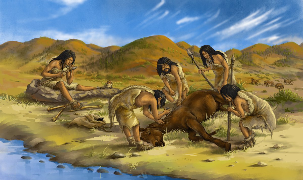 MDPetraglia's tweet photo. 5/ An artist’s reconstruction of what life was like at Shiyu 45,000 years ago. I like the artists depiction of a #female #hunters, one of which is repairing a #spear. Artist: Xiaocong Guo, Courtesy of the #IVPP https://t.co/2RmGELPjld