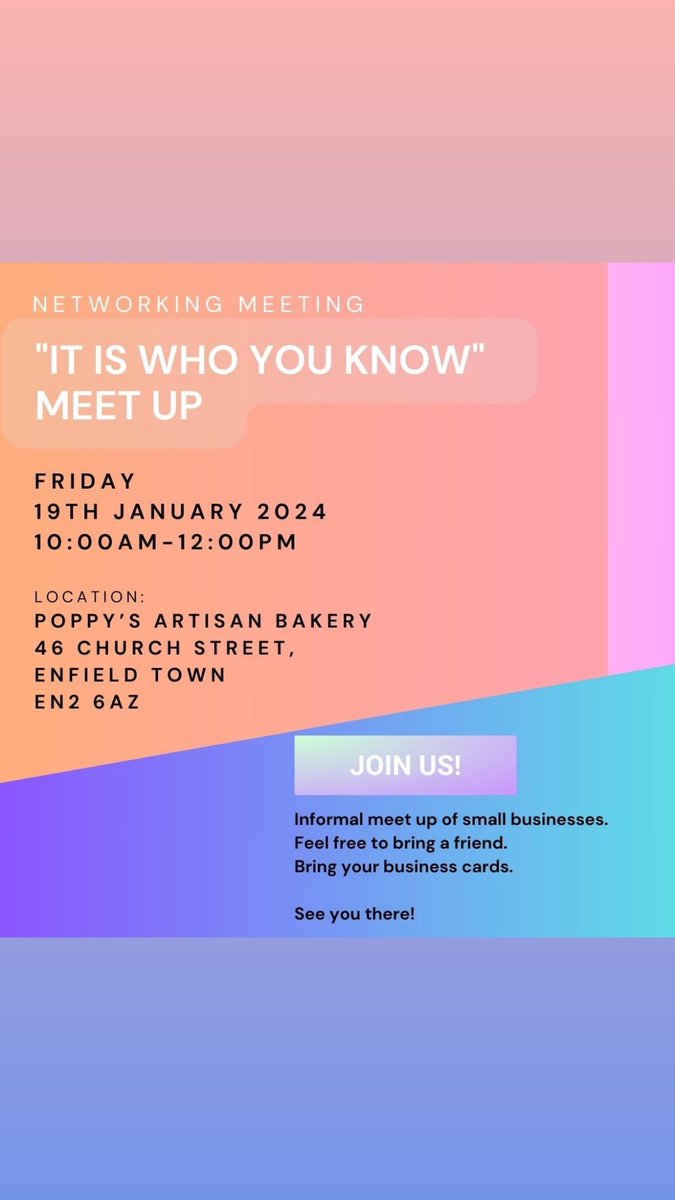 Networking in Enfield! The date for your diary is Friday 19th January 2024 at 10am. In Poppy's Artisan Bakery in Enfield town. Look forward to seeing you all again.😊 It is an informal free meet up/networking.