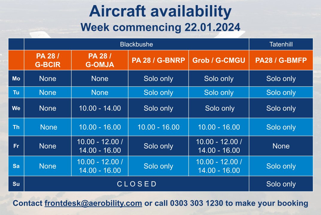 Aerobility's tweet photo. Here is our aircraft availability for next week at both Blackbushe and Tatenhill. Give us a call or send an email to book a slot and take to the skies.
📞 0303 303 1230
📧 frontdesk@aerobility.com
#Flying #Aviation #Pilot #PPL #FlyingLesson https://t.co/uVaKTHkPGw
