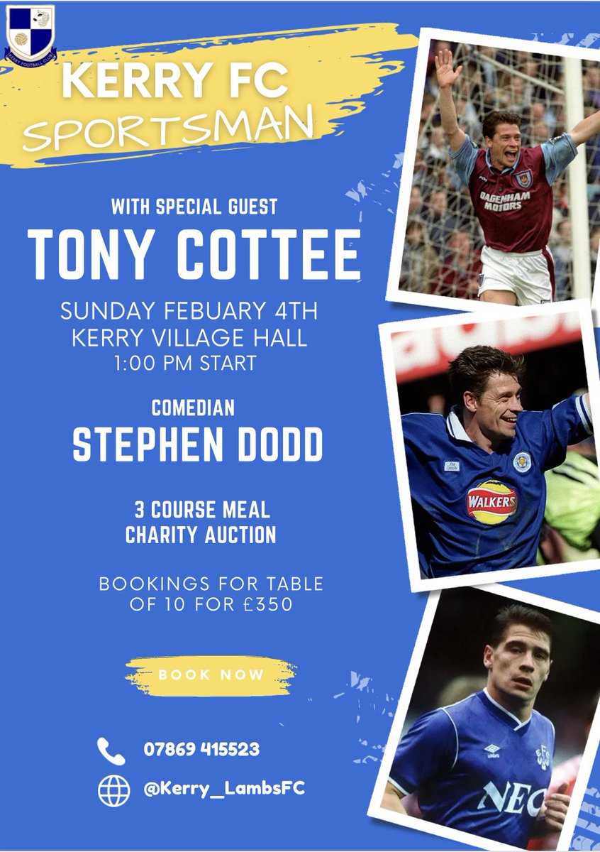Presenting the Kerry Football Club Sportsman dinner! 

For the those that haven’t heard already, we’ll be hosting our first sportsman dinner on Sunday February the 4th, with special guest..Tony Cottee!