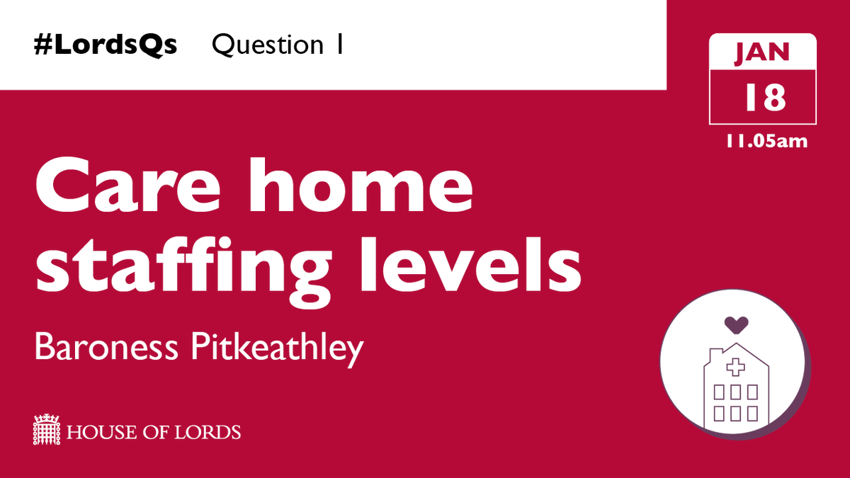 ❓ In #LordsQs from 11.05am:

Baroness Pitkeathley presses government on staffing levels in care homes, delayed discharges from hospital wards and impact on NHS waiting times.

📺Watch online at the link in our bio

1/4 🔽