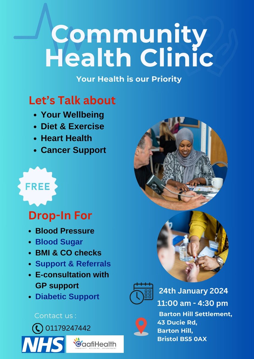 We're hosting @CaafiHealth next Health Wednesday, 24th Jan from 11am to 4.30pm, so come along to talk through any health concerns or get a health check. Just drop in to our Settlement Site on Ducie Road to see the team.