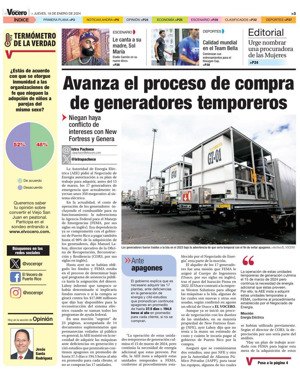 luisraultriunfo's tweet photo. Evalúe Usted:

CONFIRMADA LA DENUNCIA QUE HICE A MEDIADOS DEL AÑO PASADO.

Los generadores para producir energía eléctrica alquilados por FEMA a la Empresa Weston Solution son propiedad de New Fortress Energy, la compañía dueña de Genera PR.

Esos generadores que se alquilaron supuestamente como una alternativa temporal para ayudar a producir 350 megavatios de energía, en lo que Genera PR reparaba algunas plantas generadoras de electricidad de la AEE, ahora serán compradas para dejarlas de forma permanente.

El alquiler de esos generadores y ahora la compra de los mismos, se hizo bajo el manto de una supuesta emergencia del sistema sistema eléctrico y era para un uso temporero de 6 meses. El alquiler y la compra se hicieron sin subasta competitiva y se adquirieron los generadores de New Fortress, que también es la compañía que le vende el gas natural y el diesel para la operación de los generadores.

Claramente se ve el montaje de la Administración de las Alianzas Público Privadas, de COR3 y de la AEE y permitido por FEMA, e impulsado por el Gobernador Pedro Pierluisi para favorecer a New Fortress Energy con otro contrato millonario a través del uso de los fondos federales para emergencias. 

New Fortress pretende perpetuar y mantener el uso de gas natural en la producción de energía eléctrica, ya que es la empresa que suple el gas natural a las plantas de generación de la AEE con un contrato anual de $2,500 millones. Las plantas de generación de la AEE ahora las administra la compañía Genera PR que es propiedad de New Fortress.

¡NEGOCIO REDONDO!!!

#EvalúeUsted🤔