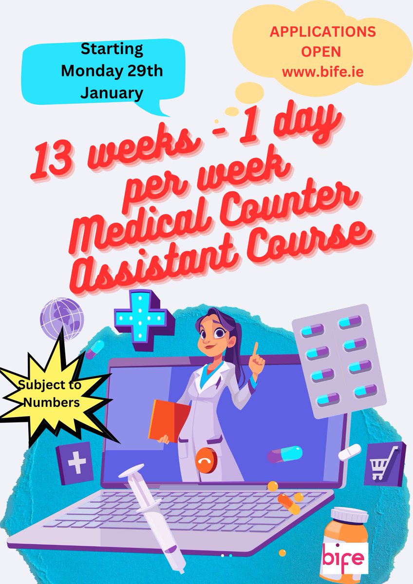 Part-time Medical Counter Assistant course
Starting at the end of January
13 weeks - 1 day per week
Apply online at bife.ie
#medicalcounterassistant #pharmacyjobs #plc #furthereducation #bifecourses
