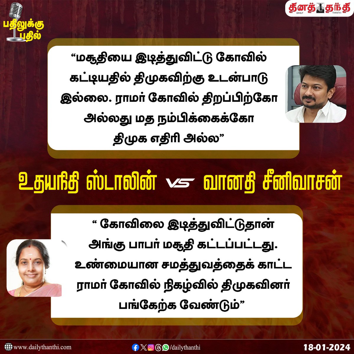 dinathanthi's tweet image. "கோவிலை இடித்துவிட்டுதான் அங்கு பாபர் மசூதி கட்டப்பட்டது. உண்மையான சமத்துவத்தைக் காட்ட ராமர் கோவில் நிகழ்வில் திமுகவினர் பங்கேற்க வேண்டும்" - வானதி சீனிவாசன்

#StateNews #Ayothi #RamTemple #uthayanithistalin #VanathiSrinivasan #DT #Dailythanthi