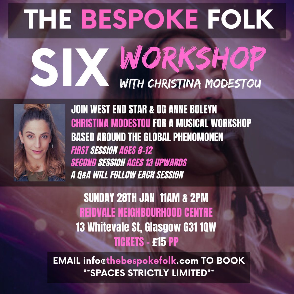 The Bespoke Folk (@thebespokefolk) on Twitter photo ***SIX THE MUSICAL WORKSHOP***
***LAST REMAINING SLOTS***
We are buzzing to share our first industry workshop of the year with you! West End star and OG Anne Boleyn <a href="/CModestou89/">Christina Modestou</a> will be running two amazing workshops for us on Sunday 28th January in Glasgow.
#sixthemusical ***SIX THE MUSICAL WORKSHOP***
***LAST REMAINING SLOTS***
We are buzzing to share our first industry workshop of the year with you! West End star and OG Anne Boleyn <a href="/CModestou89/">Christina Modestou</a> will be running two amazing workshops for us on Sunday 28th January in Glasgow.
#sixthemusical
