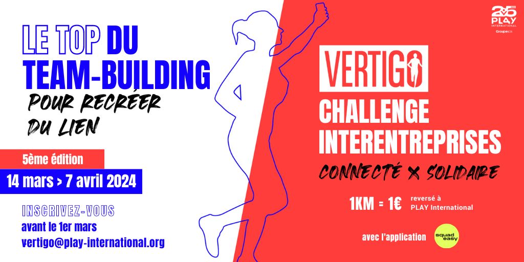2️⃣0️⃣2️⃣4️⃣
L'activité physique et sportive est grande cause nationale 🙌
Jeux #olympiques et #paralympiques 🏅
PLAY fête ses 25 ans 🎂
3 raisons pour faire bouger votre #entreprise 🚶‍♀️🚴‍♂️🏃‍♀️
📨vertigo@play-international.org
➡️#VertigoChallenge : course-vertigo.org/challenge-conn…