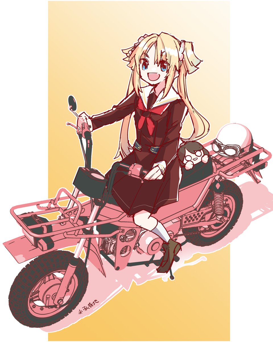 1girl ground vehicle motor vehicle blonde hair school uniform blue eyes motorcycle  illustration images