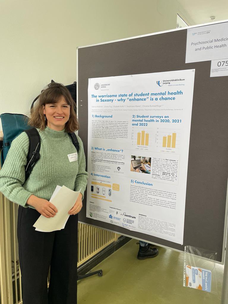 Today our colleague Juliane Hug presented a poster on the state of student mental health in Saxony and shared more about our „enhance“ project at the 17th. „Research Festival for Life Sciences👏. @UniLeipzig @ukl #researchfestival #whyenhanceisachance