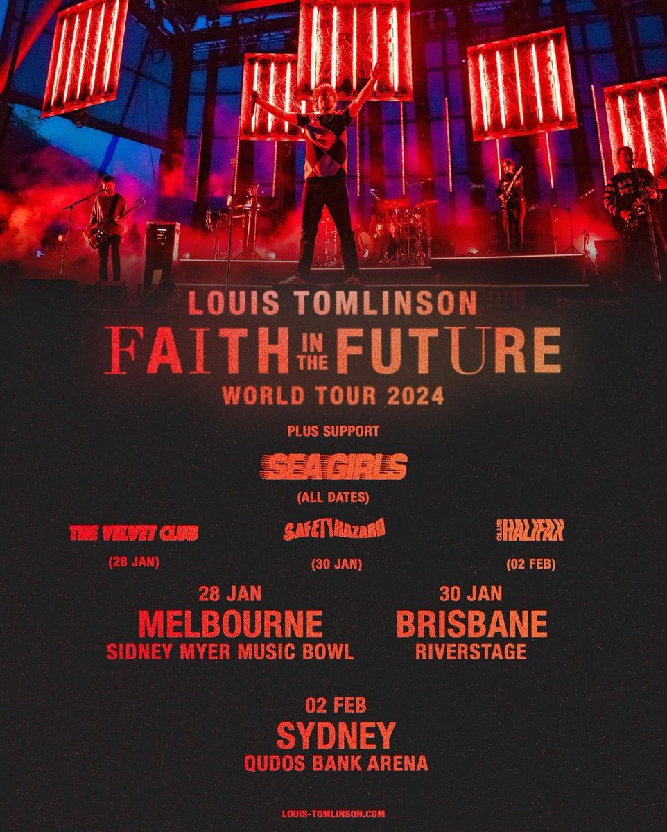 📲| Louis annocuing his Faith In The Future World Tour - Australia openers via Instagram! “FAITH IN THE FUTURE WORLD TOUR 2024. AUSTRALIA. I can't wait to get back on the road this month. Joining me in Australia will be @/seagirls @/thevelvetclubmusic @/safetyhazard.band and…
