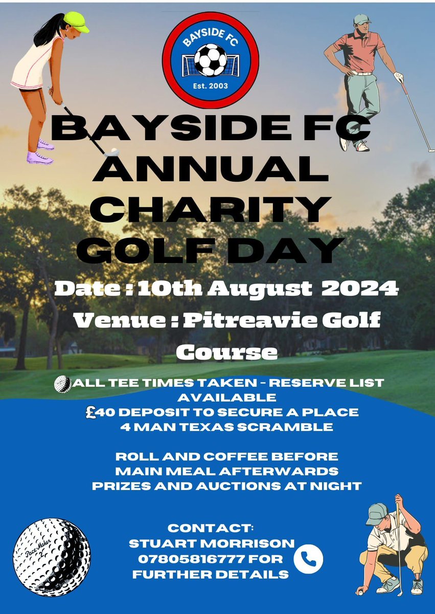 Our Annual Charity Golf Day is set to be a great event, raising money for good causes on 10th August.

All Tee times have now been taken, with a reserve list available.

Contact Club Chairman Stuart  Morrison on 07805 816 777 for further details.