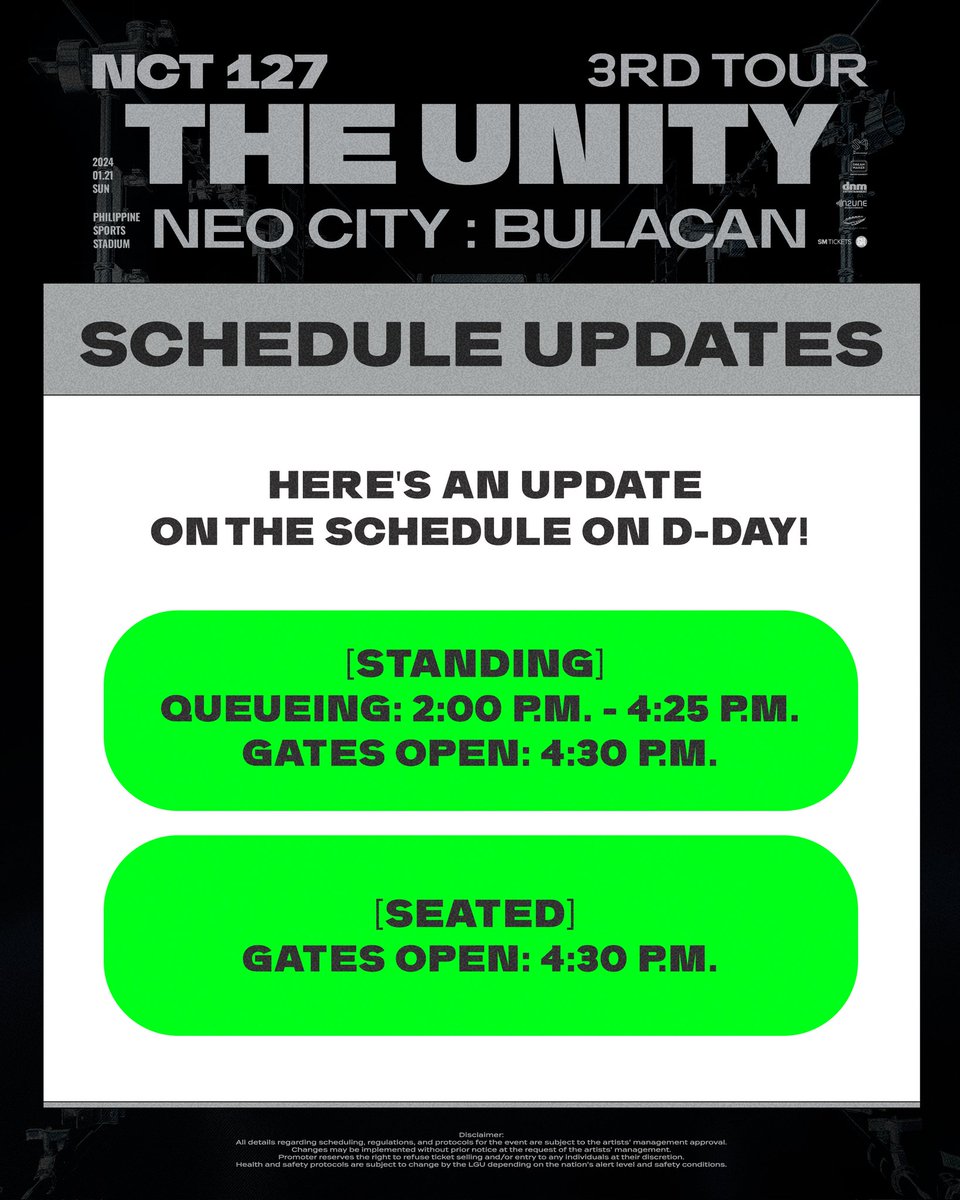 dnmentph's tweet image. Heads up, NCTzens! Here's an update on the schedule on D-day. Please be guided accordingly. 💚

Tickets are still available via SM Tickets!
🔗: smtickets.com/tickets/NCT127…

🗓️2024.01.21 | 6:30 PM
📍Philippine Sports Stadium
🎫SM Tickets

#NCT127 #NEOCITY
#NEOCITY_THE_UNITY…