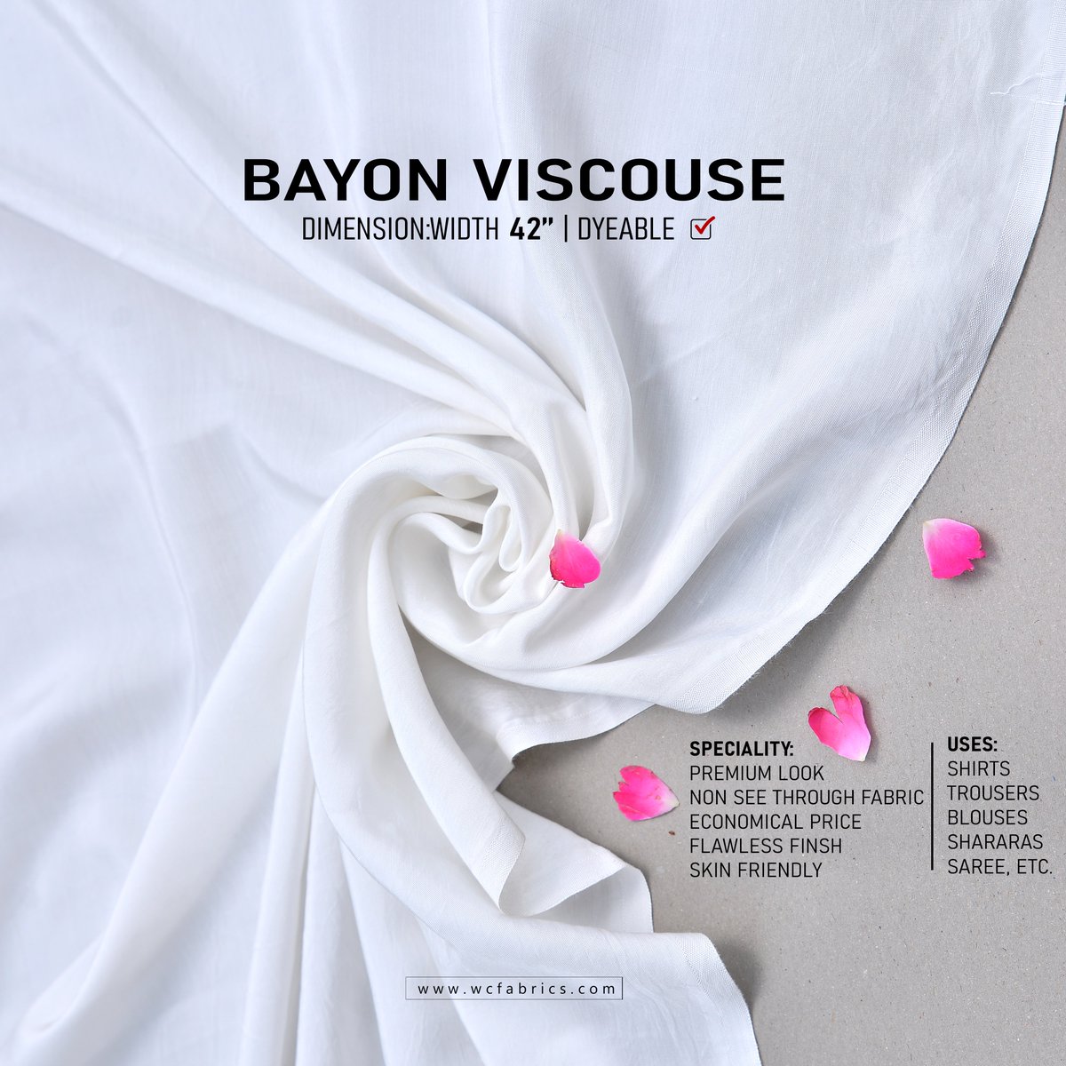 'Indulge in Elegance Bayon Viscose 42' Width, now available in all colors. 
Elevate your creations with the perfect hue!'
#WhiteCentreFabrics 
#MagentaMagic
