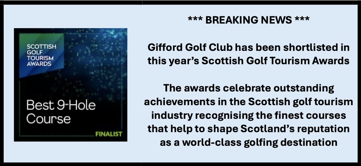 *** BREAKING NEWS *** Gifford Golf Club has been shortlisted in this year’s Scottish Golf Tourism Awards - Best 9 Hole Course Category #HiddenGems #ScotGolfCoast @scotgolfcoast @goeastlothian