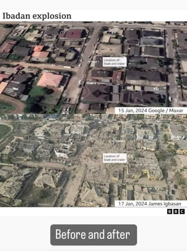 renoomokri's tweet photo. This before and after photograph of the Ibadan explosion ground zero is bone chilling! Those behind this tragedy must not go free! https://t.co/uju6thc4N4