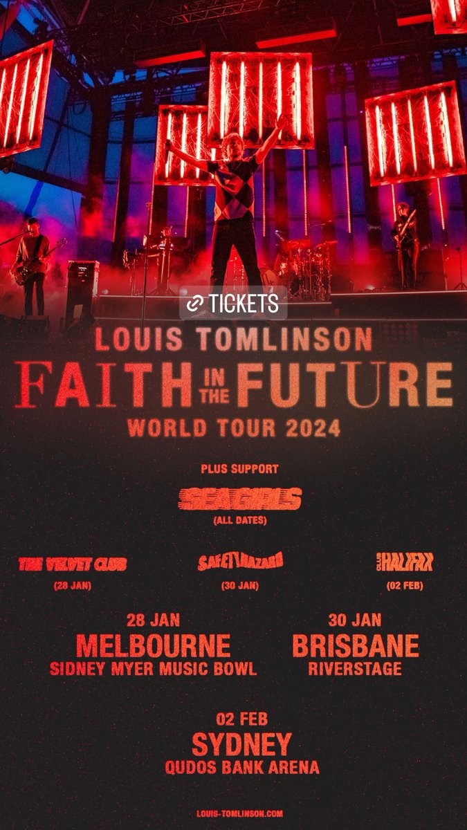 📲| Louis announcing via Instagram story the support acts of his upcoming Faith In The Future World Tour Australian Leg! Grab your tickets here: louis-tomlinson.com