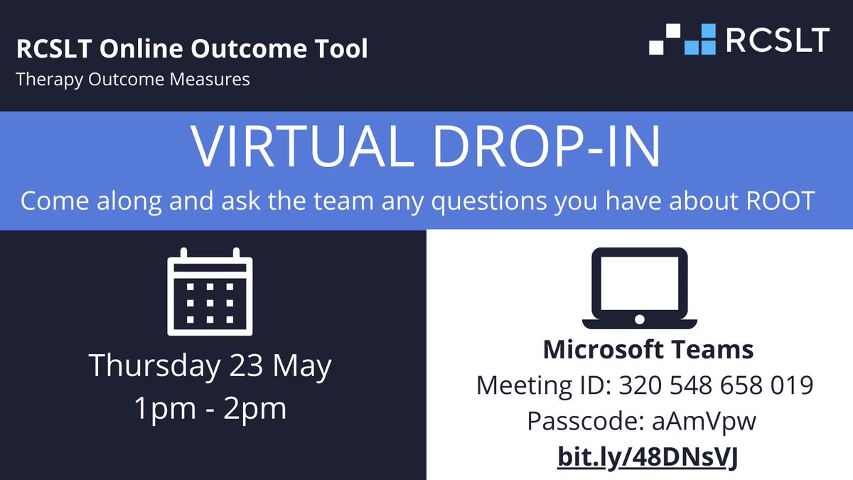 Our Outcomes Team are looking forward to meeting and supporting you to use the RCSLT Online Outcome Tool (ROOT) at their virtual drop-in session next Thursday 23rd May 👋 Open to both current and prospective ROOT users 🤩 Find out more here: rcslt-root.org/Welcome