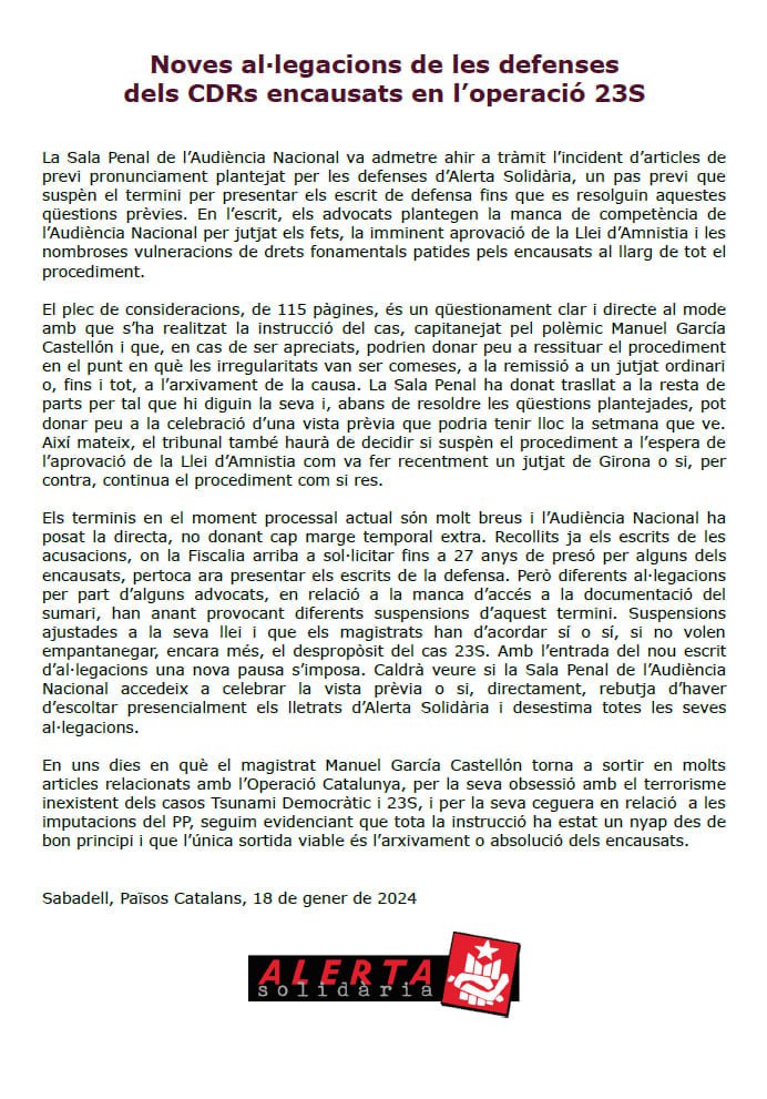 ✋🏾 Amb tranquil·litat, dient-ho tot pel seu nom... A l'Audiència Nacional.

Ahir la Sala Penal admetia a tràmit l'escrit de 115 pàgines en que es recullen les irregularitats de la instrucció del cas <a href="/Detingudes23S/">Detingudes23S</a> 

✊🏾 Sense confiar en la seva justícia però amb el cap ben alt!