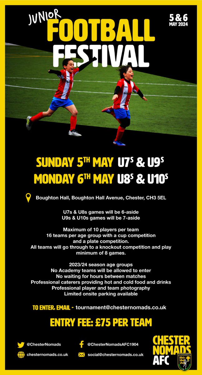 Chester Nomads junior football tournament is back for the first time since 2019. Contact tournament@chesternomads.co.uk for more info