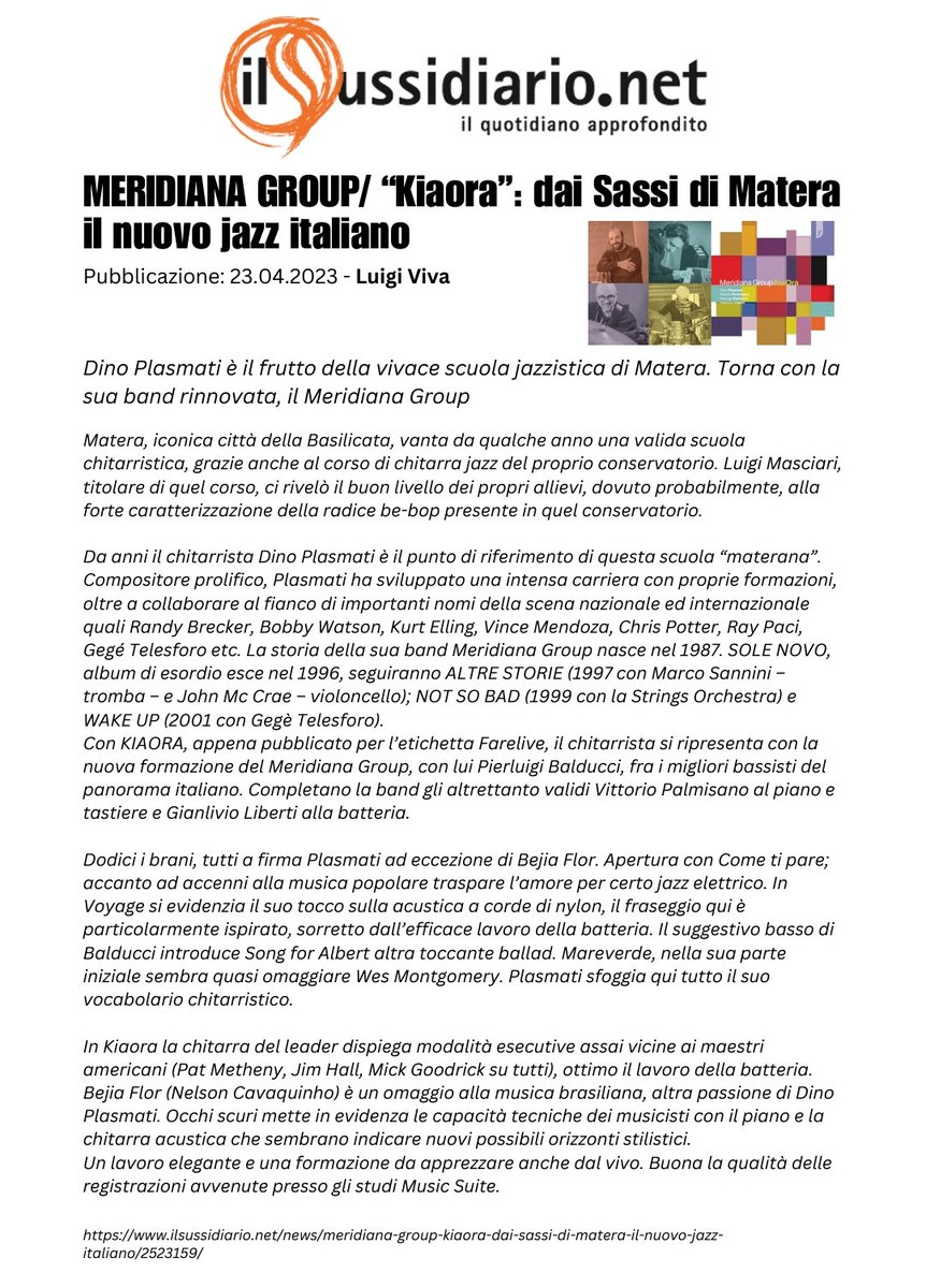 Il 20 gennaio '24 il MERIDIANA GROUP torna on the Road. 
Questa volta sul palco della bella Sala Etrusca del Palazzo Pesce a Mola di Bari.
Qui sotto una bellissima recensione del grande Luigi Viva, già biografo di Pat Metheny e De Andrè.
Vi aspettiamo!